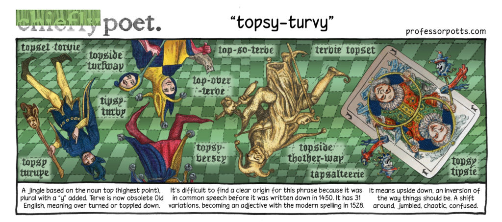 topsy-turvy English idiom origin, meaning, illustrated
